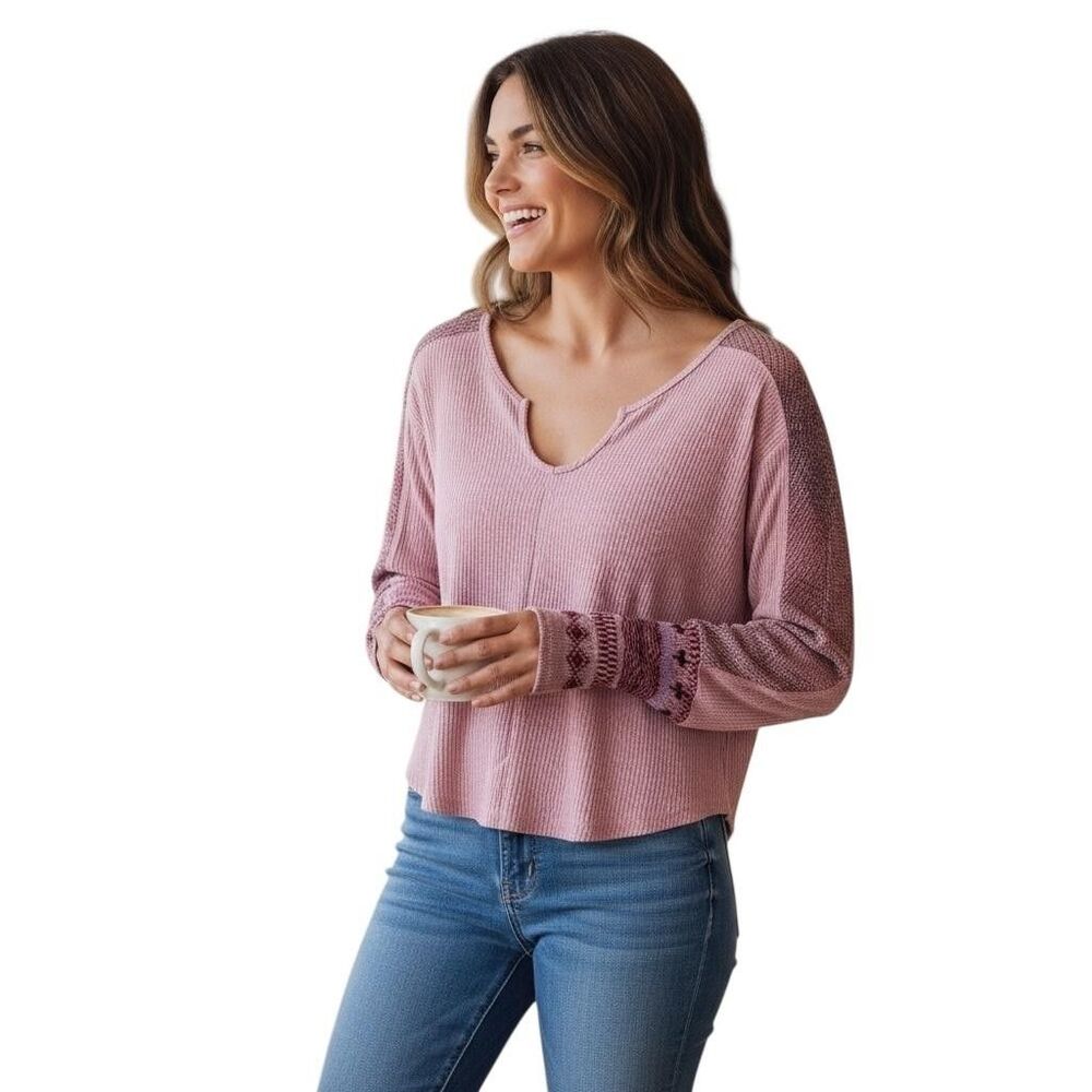 Daily Practice Anthropologie Shirt Womens XS Pink Waffle Knit Thermal Split Neck